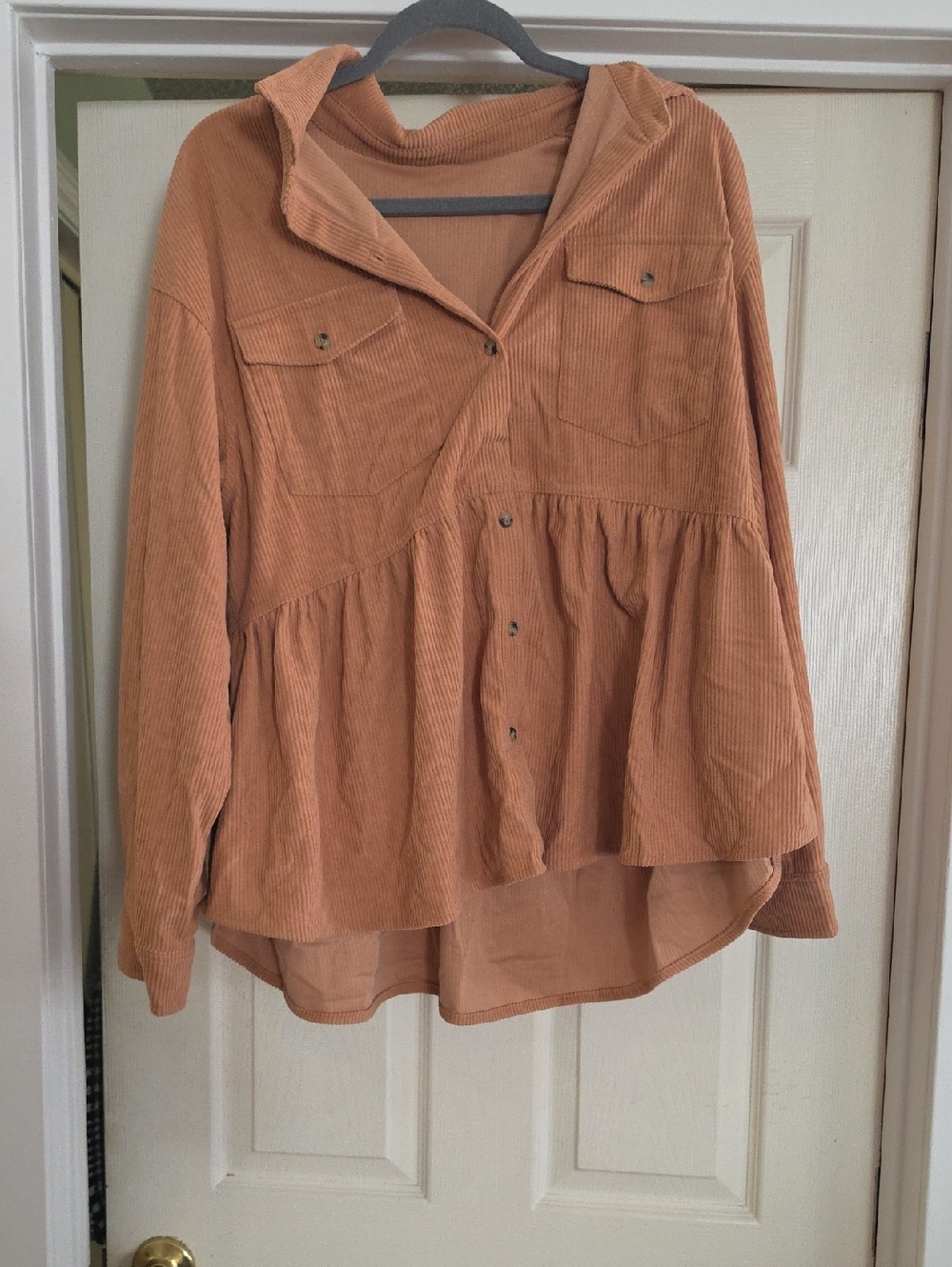 Amazon Women's Corduroy Peplum Button-Down Top - Rust Orange